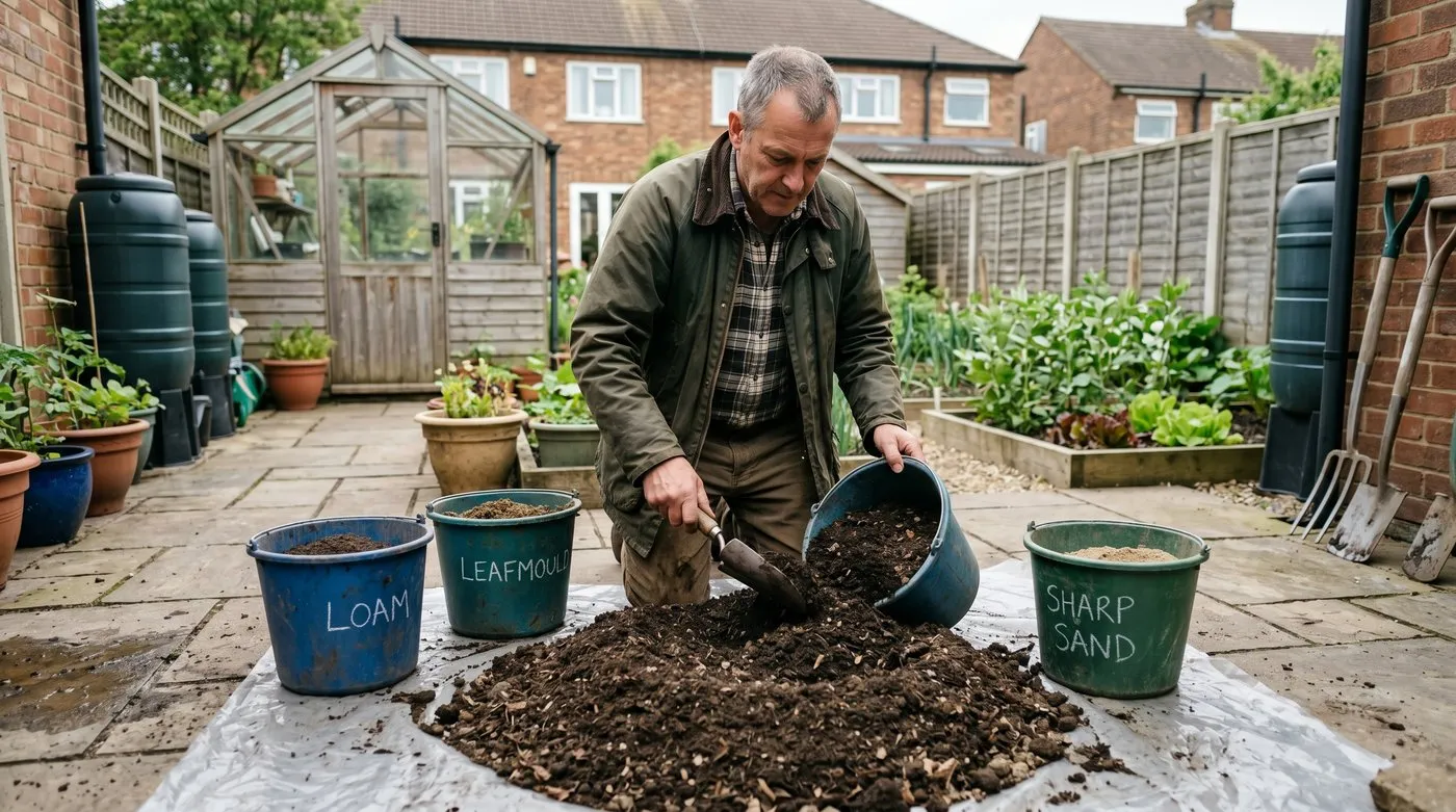 Measuring ingredients by the bucket to blend a John Innes style loam-based potting compost in a UK garden