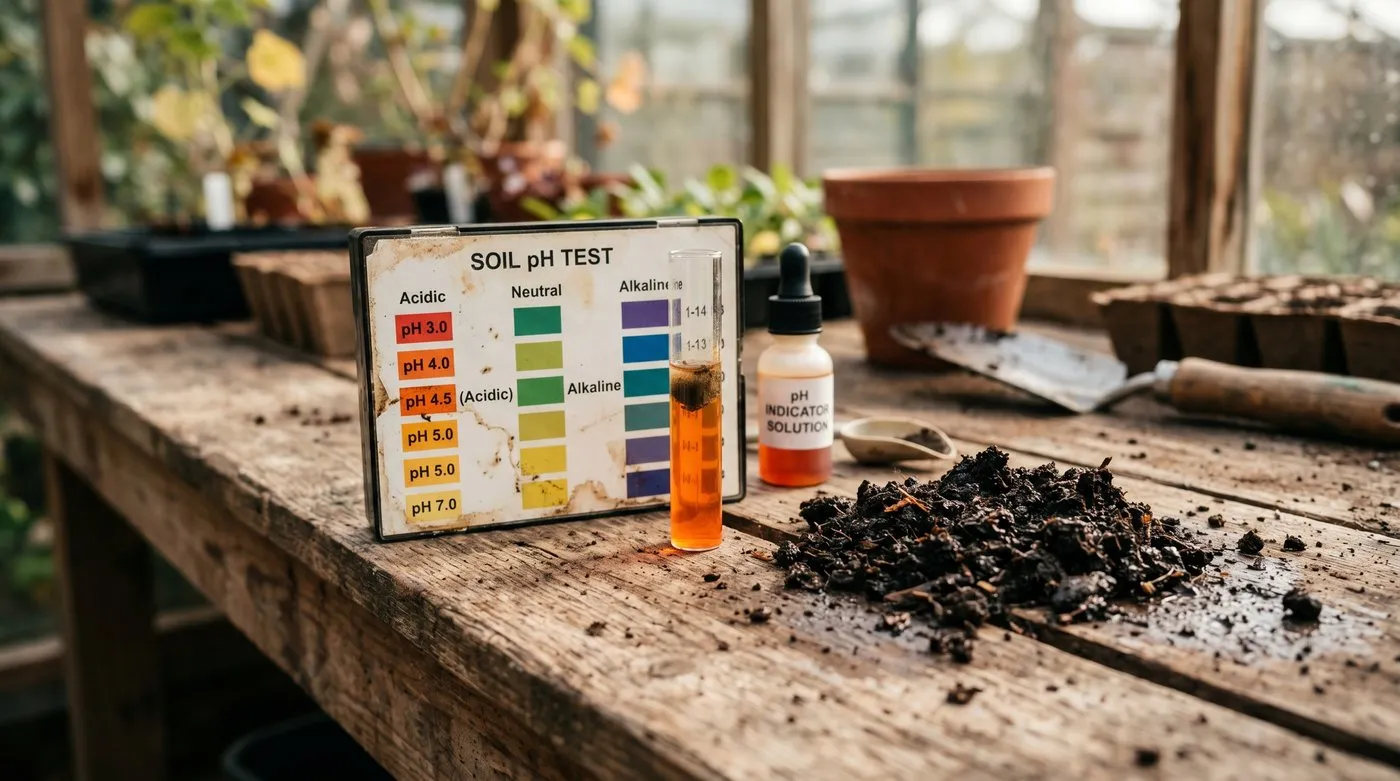 A soil pH test kit showing an acidic colour reading beside a sample of moist home-mixed compost