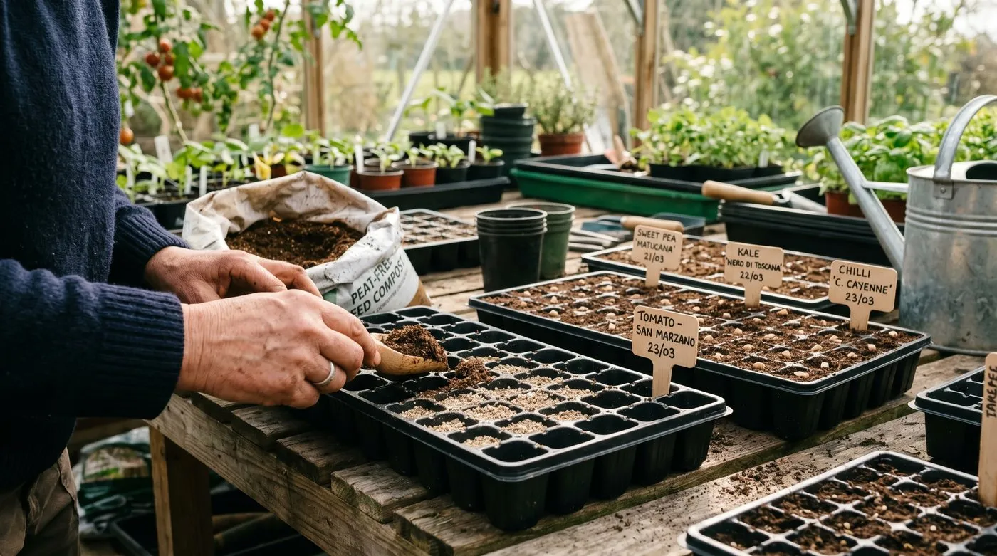 Filling small module trays with fine peat-free seed compost ready for sowing in a UK greenhouse