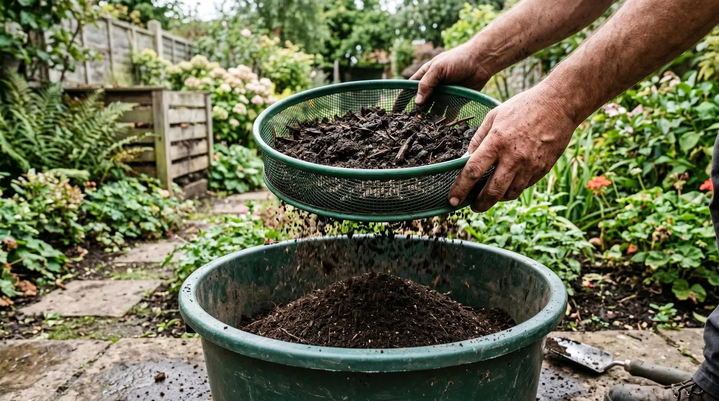 Hands sieving dark garden compost through a green riddle over a trug in a UK garden