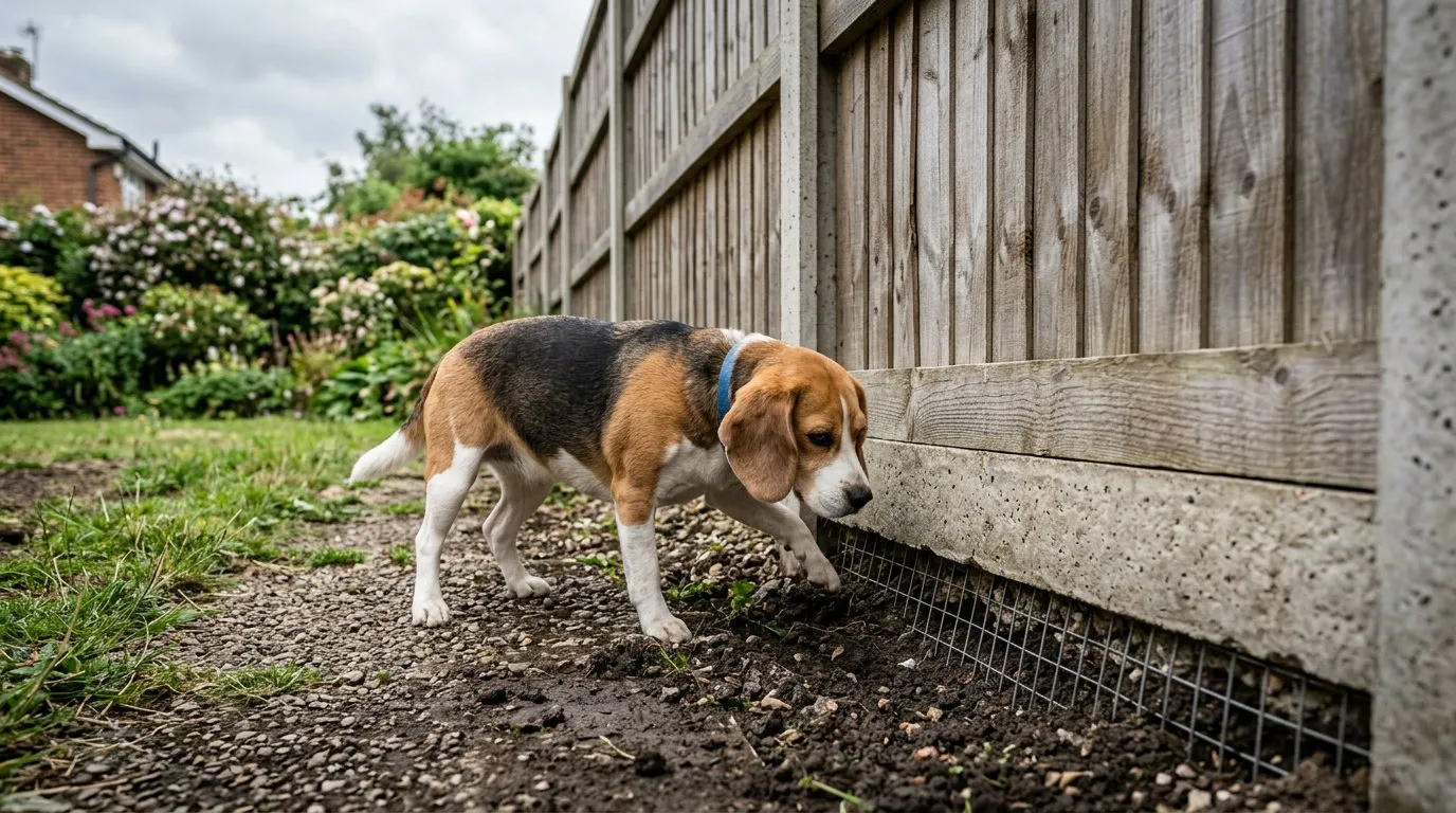 Dog-proof 1.8m close-board fence with gravel board at the base in a UK garden