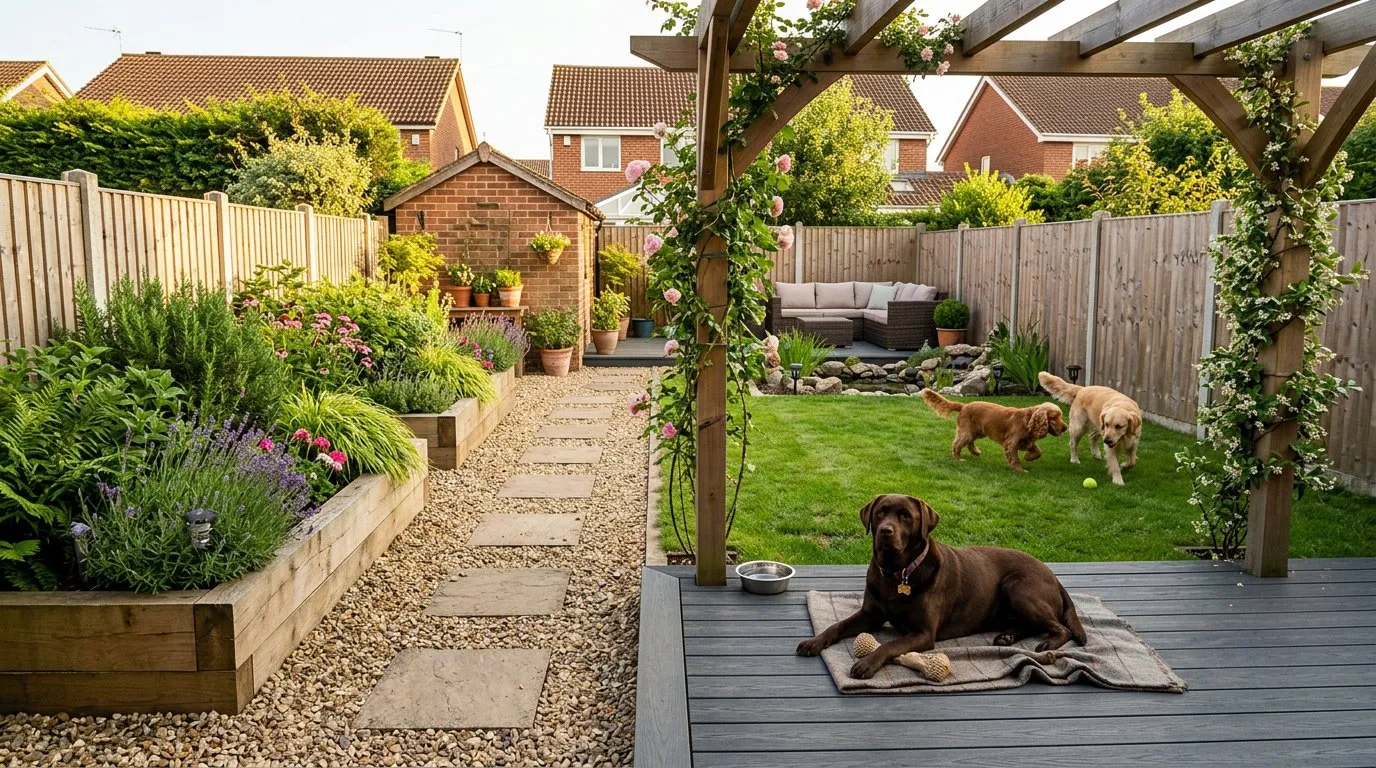 Well-designed UK dog-friendly garden with zoned areas, raised beds and a labrador resting on composite decking