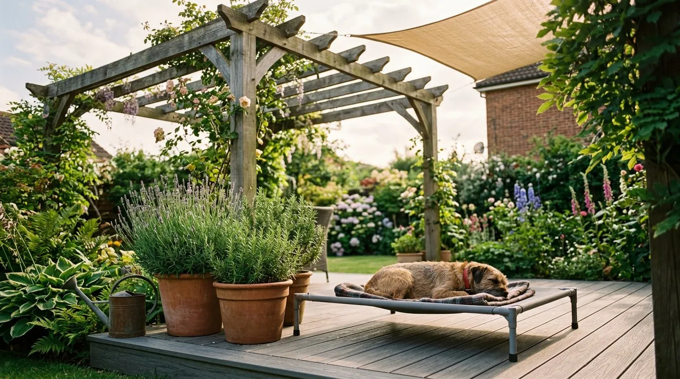 Dog-friendly UK garden pergola over composite decking with a border terrier resting in the shade