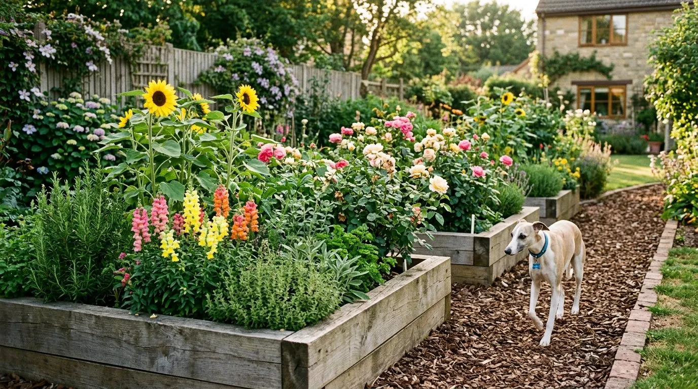 Raised timber garden beds with dog-safe plants and a whippet walking past on a bark chip path