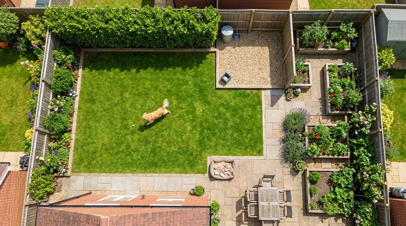 Dog-friendly UK garden divided into clear zones with lawn play area, gravel toilet area and raised beds
