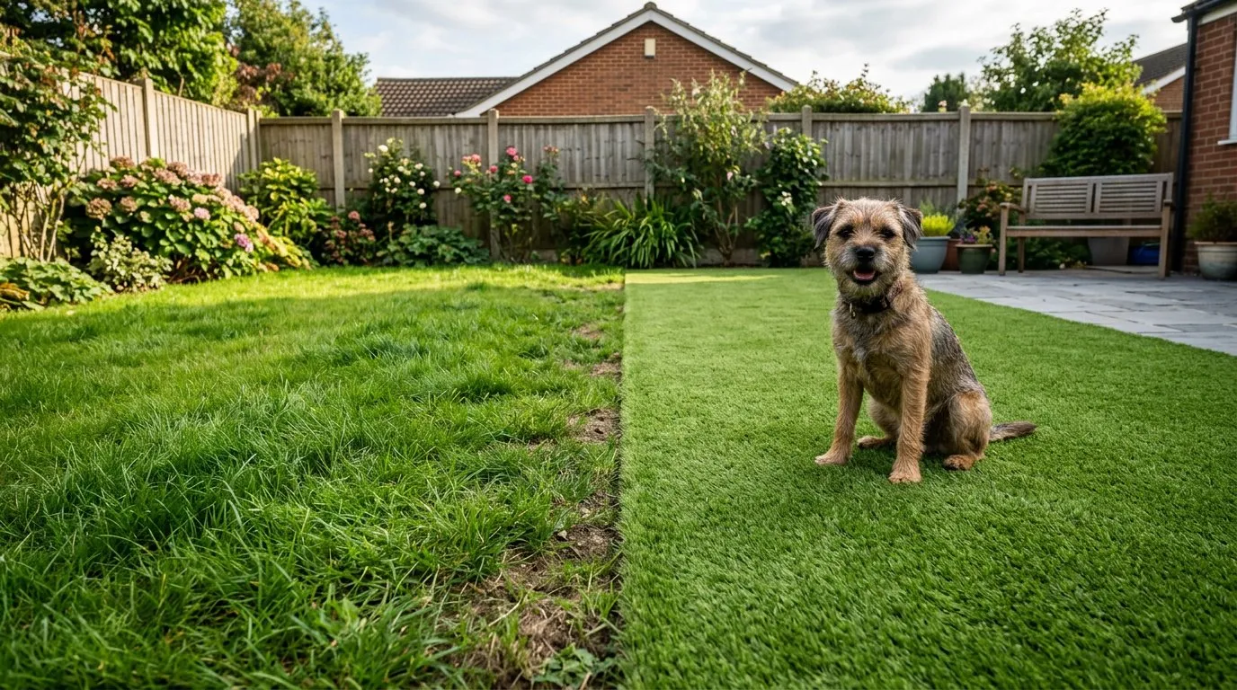Dog lawn comparison showing real grass and artificial turf side by side with a border terrier on the artificial side
