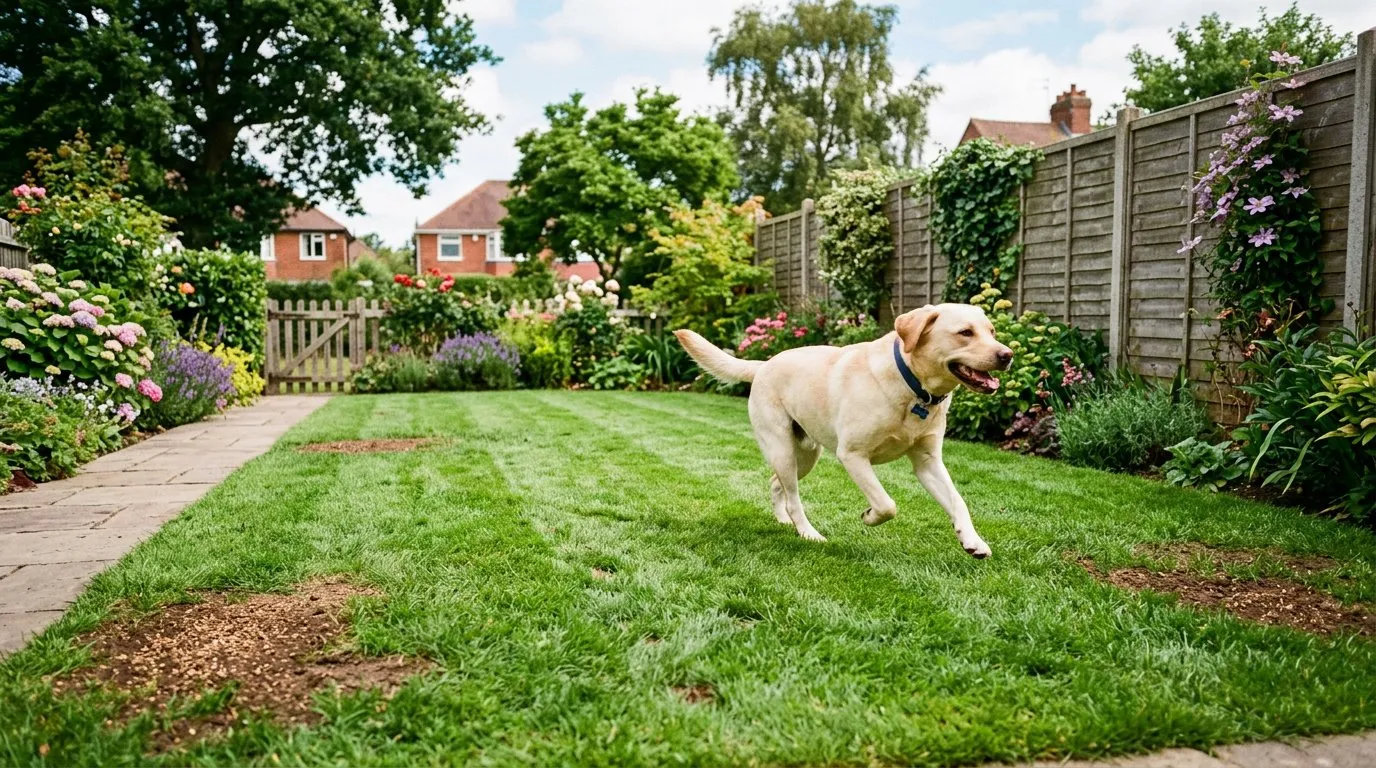 Healthy green UK lawn with a labrador running across it showing well-maintained grass despite dog use