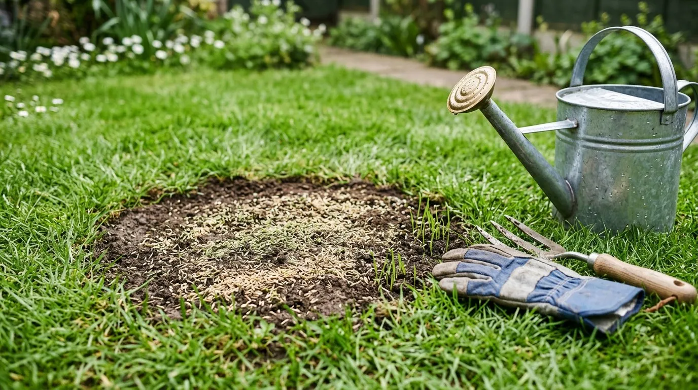 Close-up of a UK lawn with a brown dog urine patch being repaired with fresh grass seed and new shoots emerging