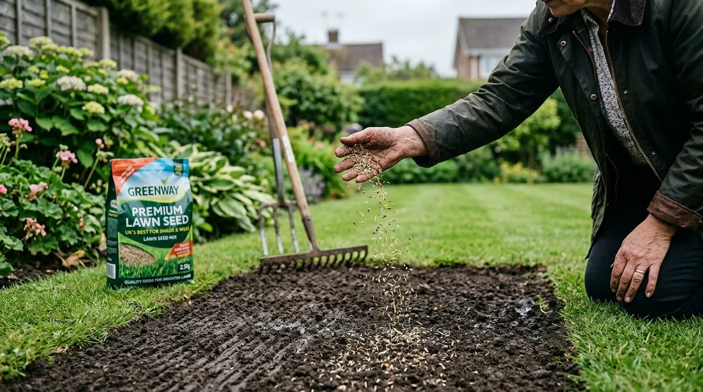 Gardener scattering grass seed mix over a prepared bare patch in a UK lawn with a bag of lawn seed nearby