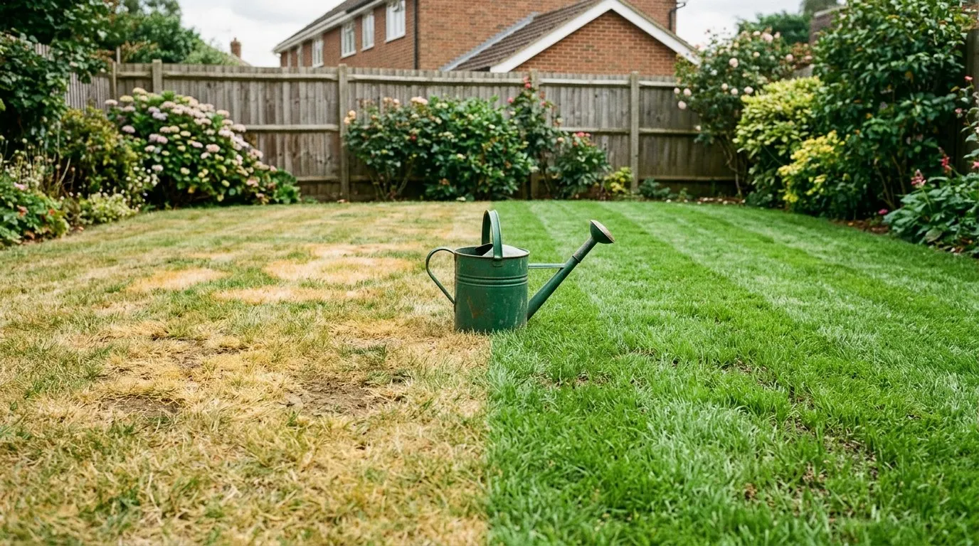 UK lawn showing before and after of dog urine damage treatment with yellow patches and green recovery
