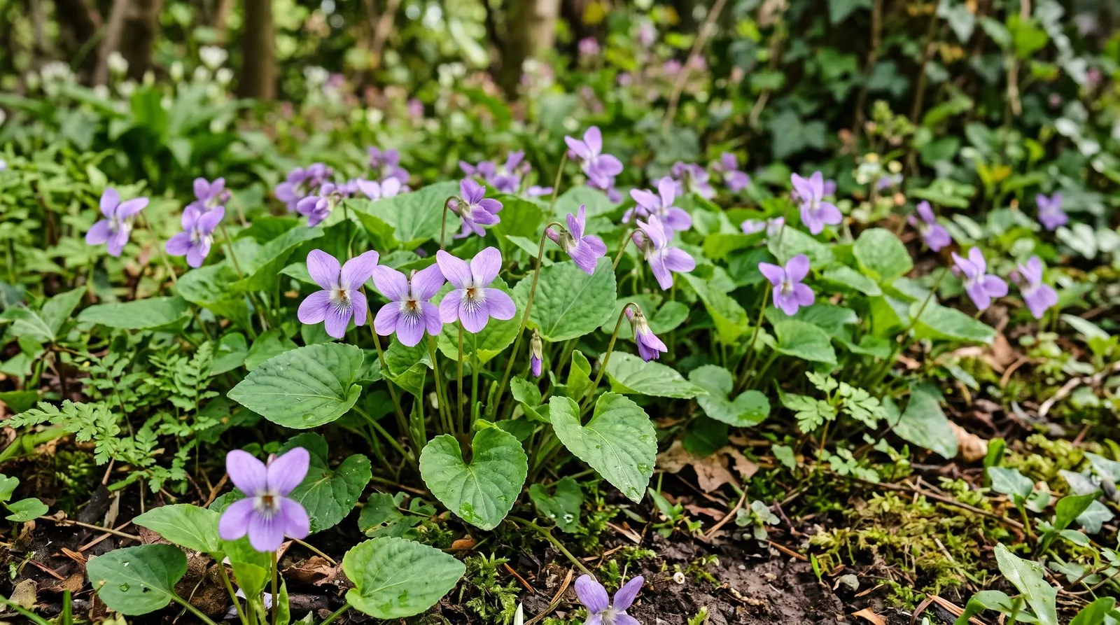 A patch of native dog violets with purple flowers and heart-shaped leaves growing in dappled shade at the edge of a garden border