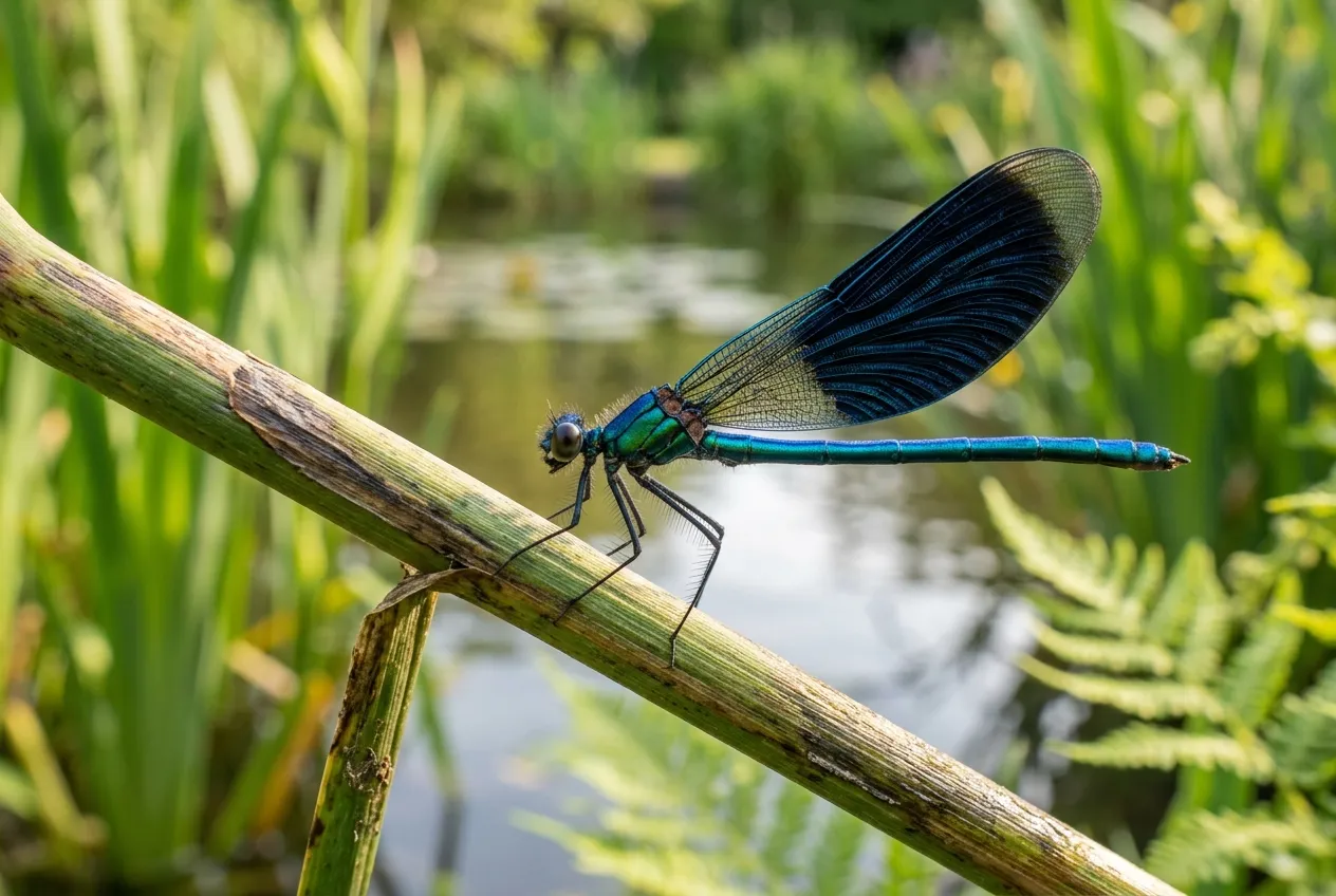 Banded demoiselle damselfly perched on a reed at the edge of a UK garden pond showing iridescent blue-green body