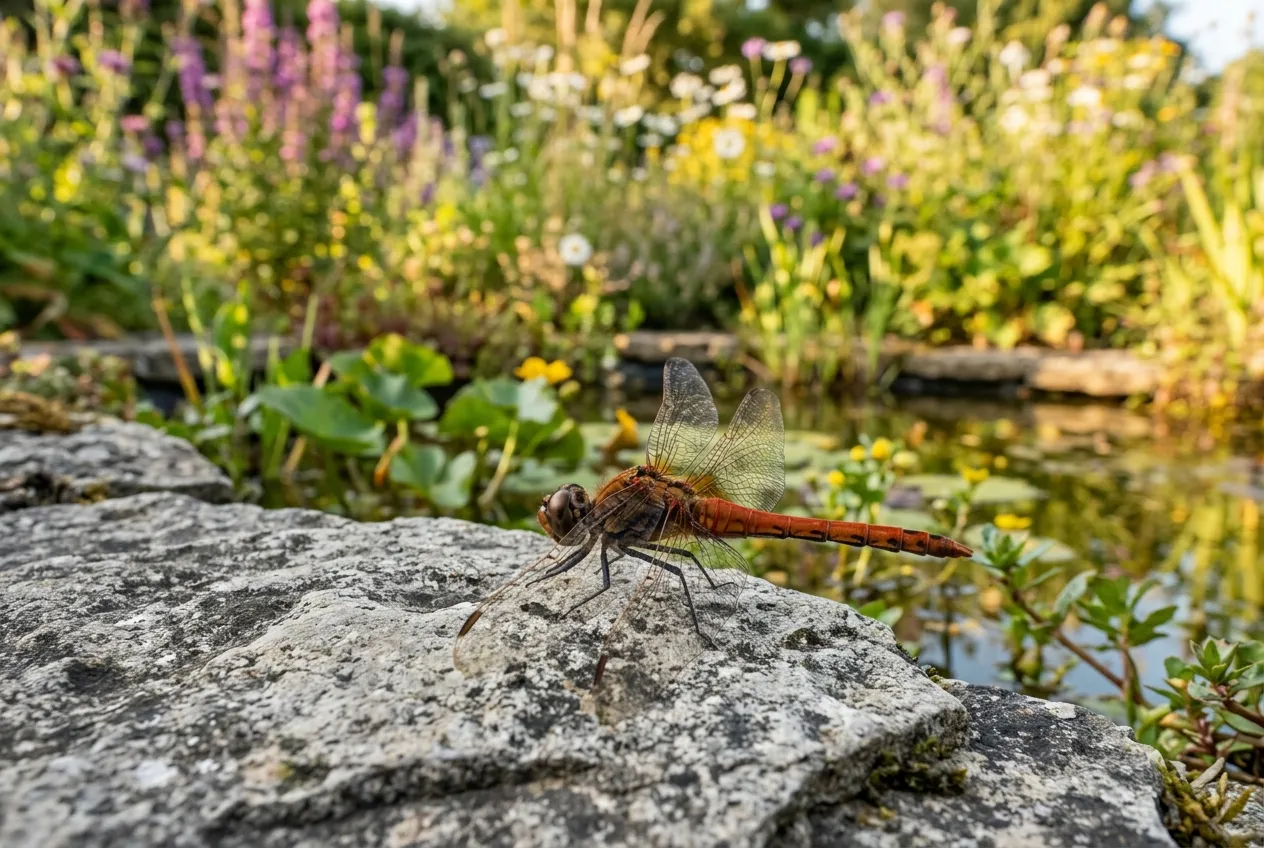 Common darter dragonfly resting on a flat stone beside a wildlife pond in an English cottage garden