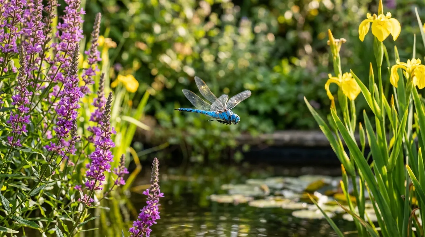 Dragonfly hovering above a UK wildlife garden pond with purple loosestrife and yellow flag iris