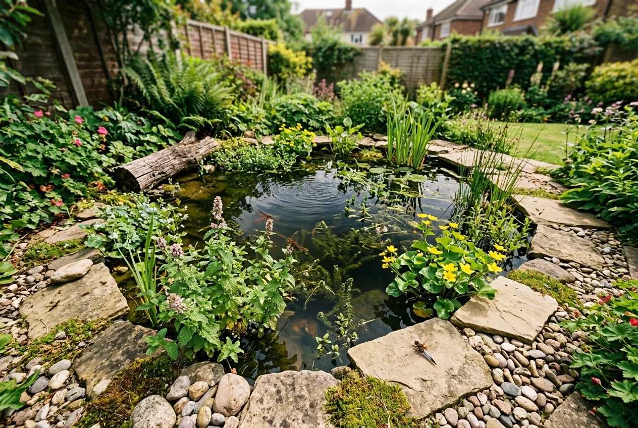 Small wildlife pond designed for dragonflies in a suburban UK back garden with sloping edges and native plants