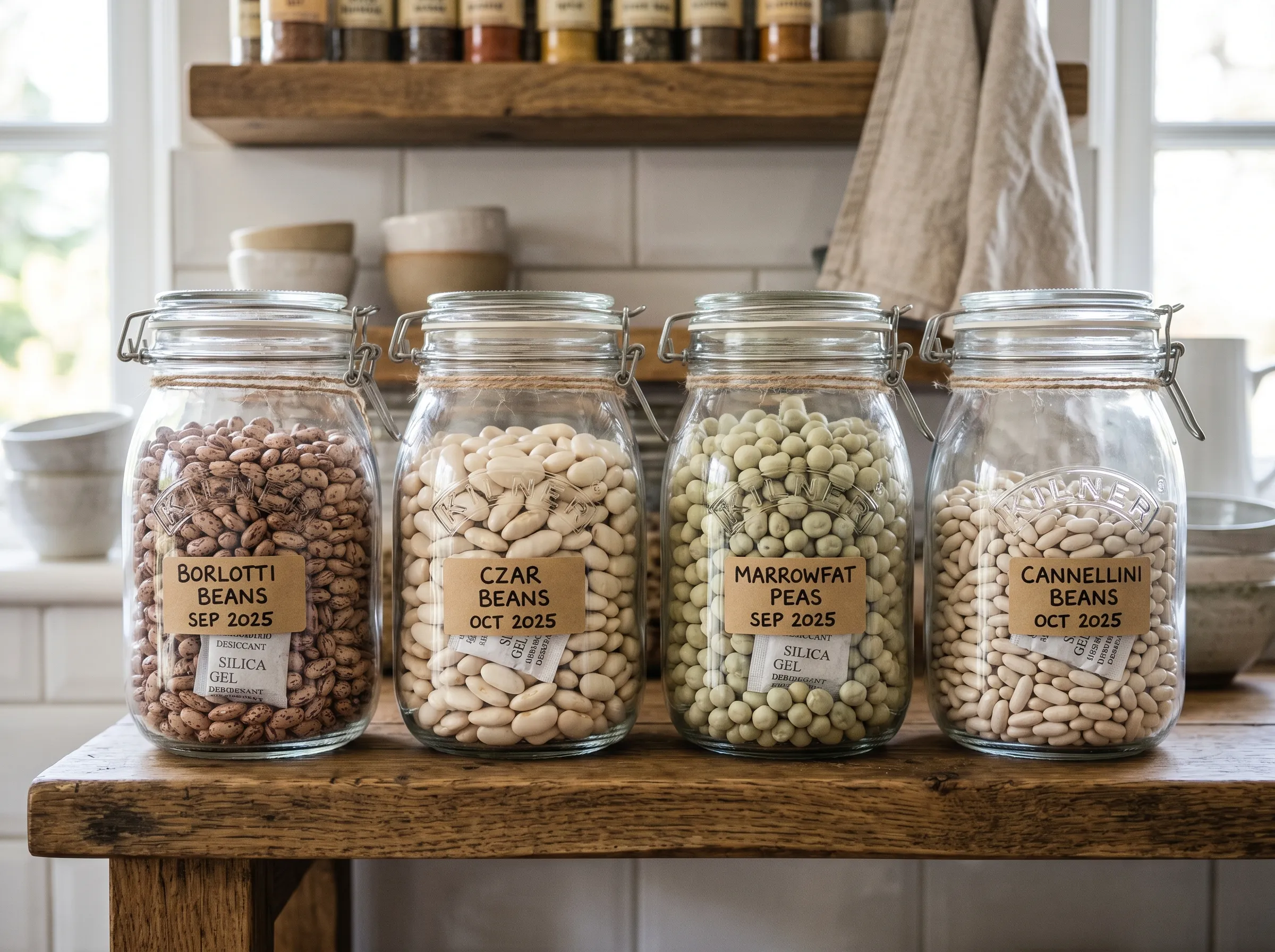 UK kitchen pantry shelf with multiple glass Kilner jars labelled with variety name and date - Borlotti Sep 2025, Czar Oct 2025, Marrowfat Sep 2025, Cannellini Oct 2025 - each containing a small white silica sachet visible inside, the dried beans inside