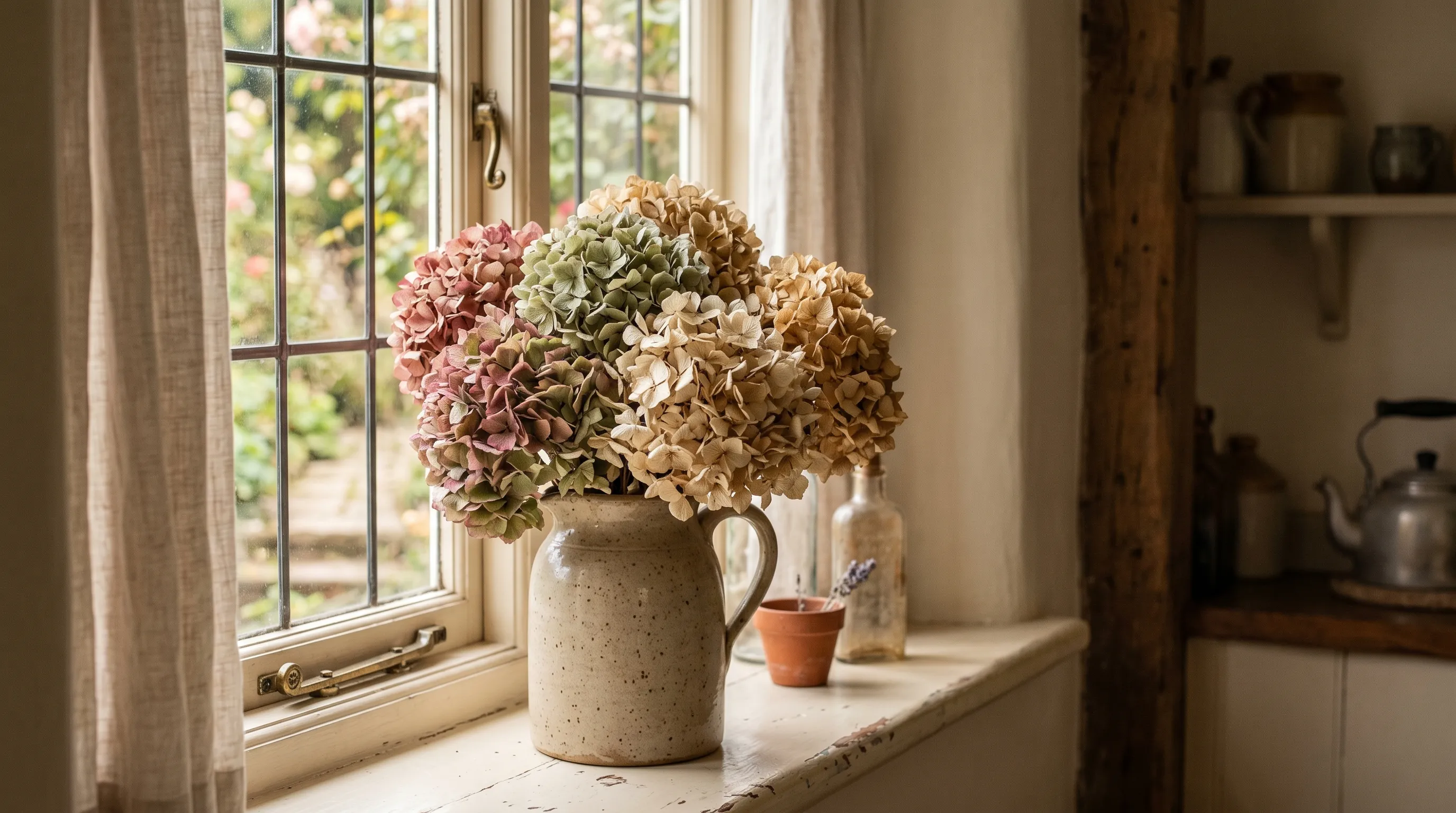 Dried antique-toned hydrangea flowers in a stoneware jug on a UK cottage kitchen windowsill