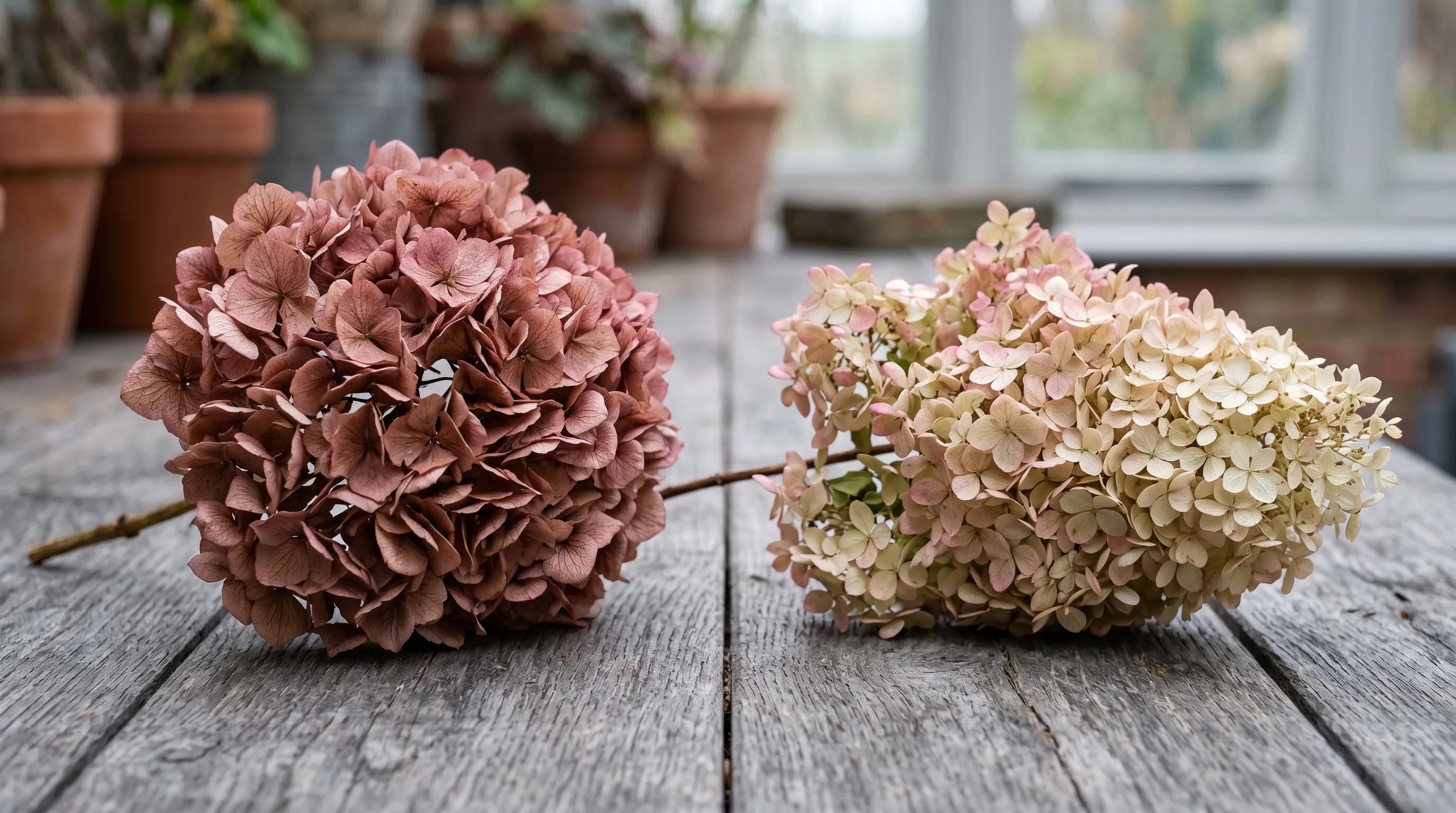 A dried mophead hydrangea beside a dried cone-shaped paniculata, showing the different shapes that dry well