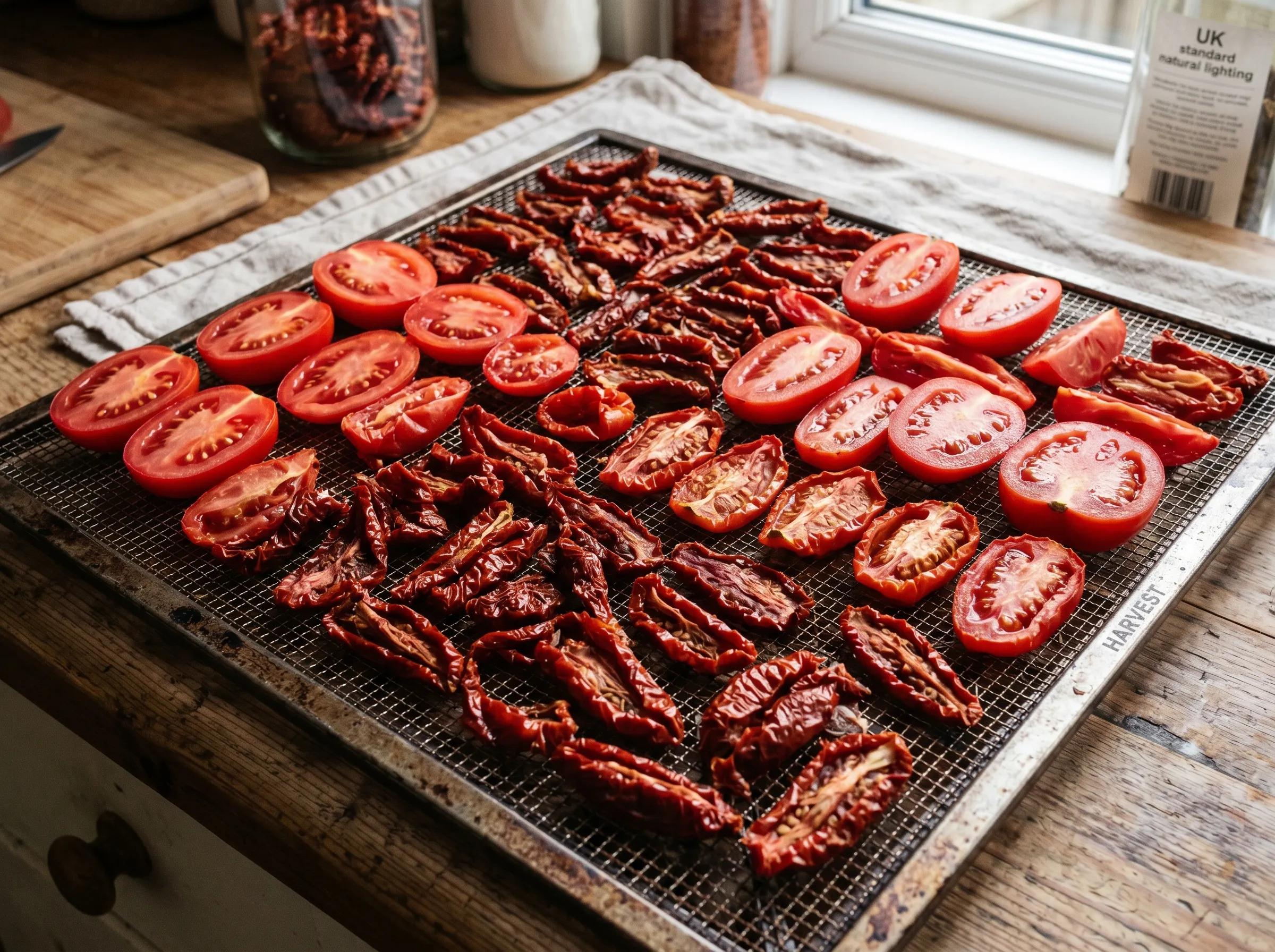 UK dehydrator tray loaded with sliced Roma and San Marzano tomatoes in various drying stages - some fresh-cut, some partly shrivelled, some fully leathery sun-dried-tomato style, the tray covered with dried tomato strips ready to jar