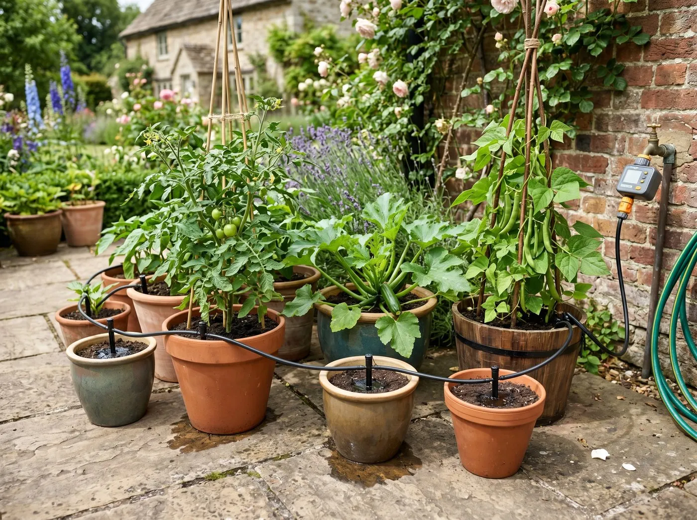 UK patio container vegetable display with a drip irrigation kit installed - thin black tubing running between 8 pots of tomatoes, courgettes and beans with stake-mounted drippers feeding each pot
