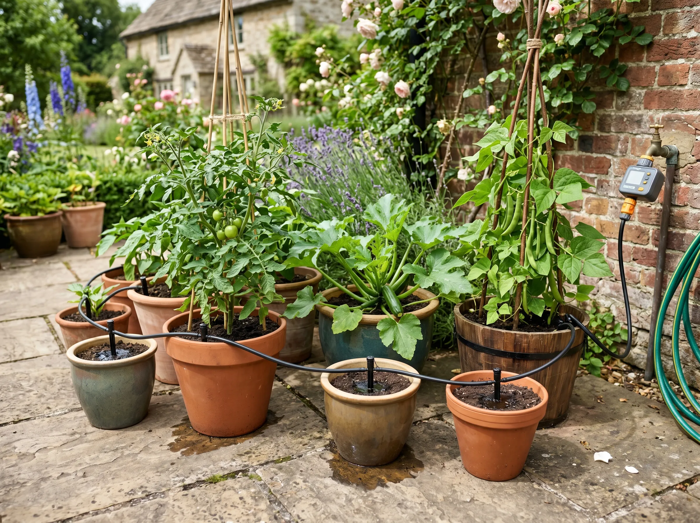 UK patio container vegetable display with a drip irrigation kit installed - thin black tubing running between 8 pots of tomatoes, courgettes and beans with stake-mounted drippers feeding each pot