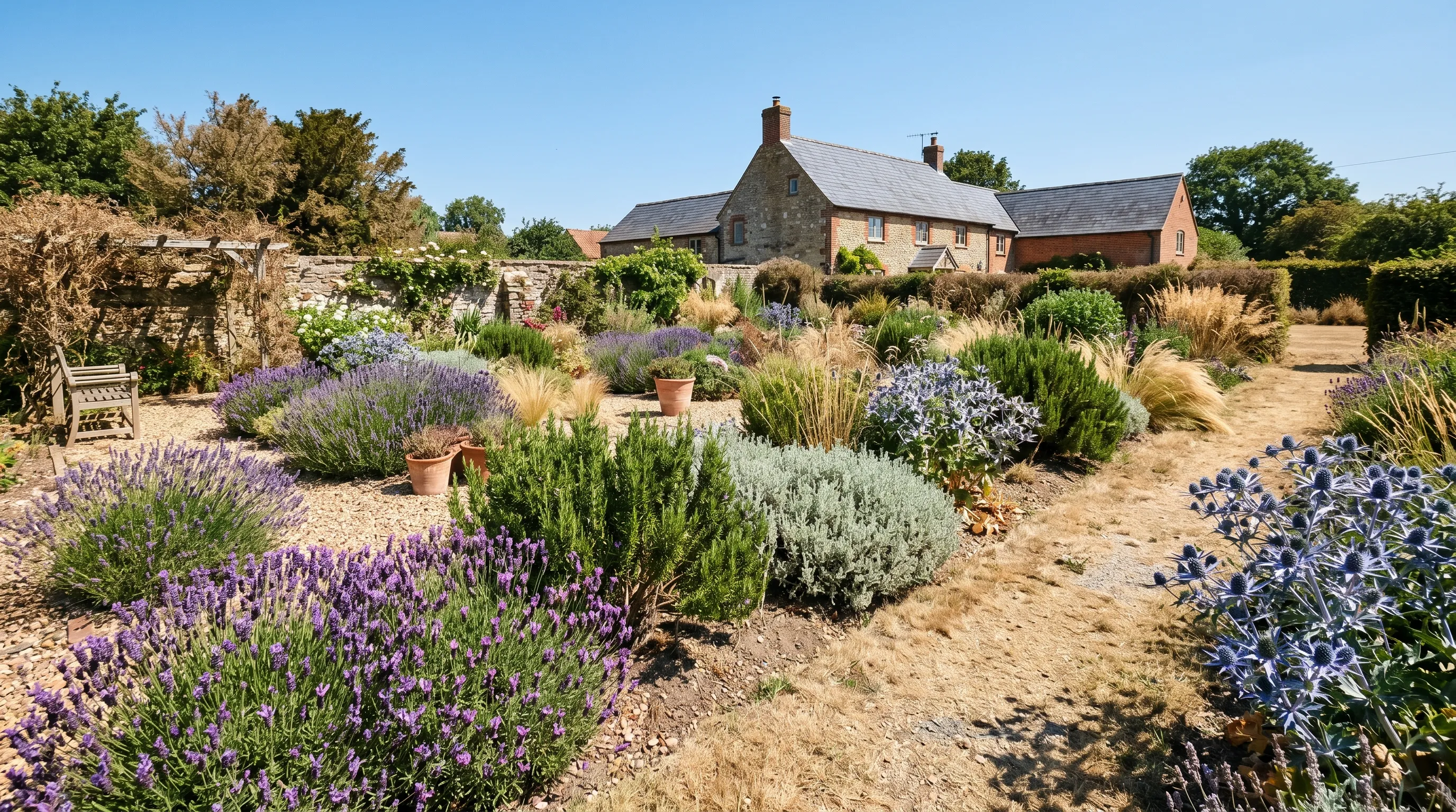 UK garden in a heatwave showing drought-tolerant Mediterranean planting - lavender, rosemary, santolina, sea holly, ornamental grasses