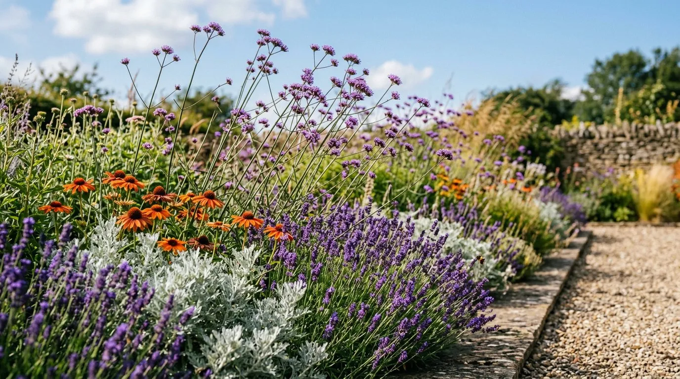 Drought-tolerant UK garden border with lavender, artemisia, echinacea, and verbena bonariensis