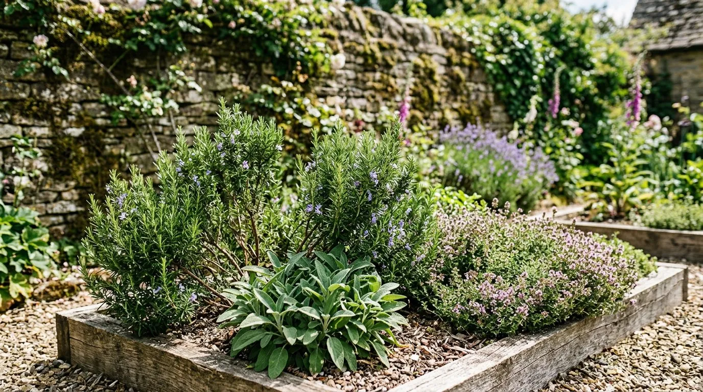 Drought tolerant Mediterranean herbs including rosemary, thyme, and sage in a sunny raised gravel bed
