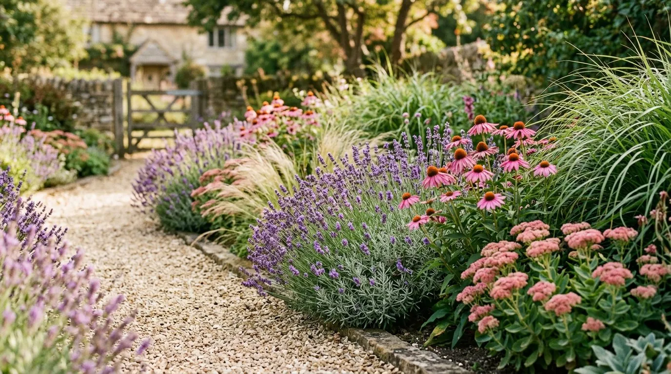 Drought tolerant UK garden border with lavender, sedum, echinacea, and ornamental grasses in summer bloom