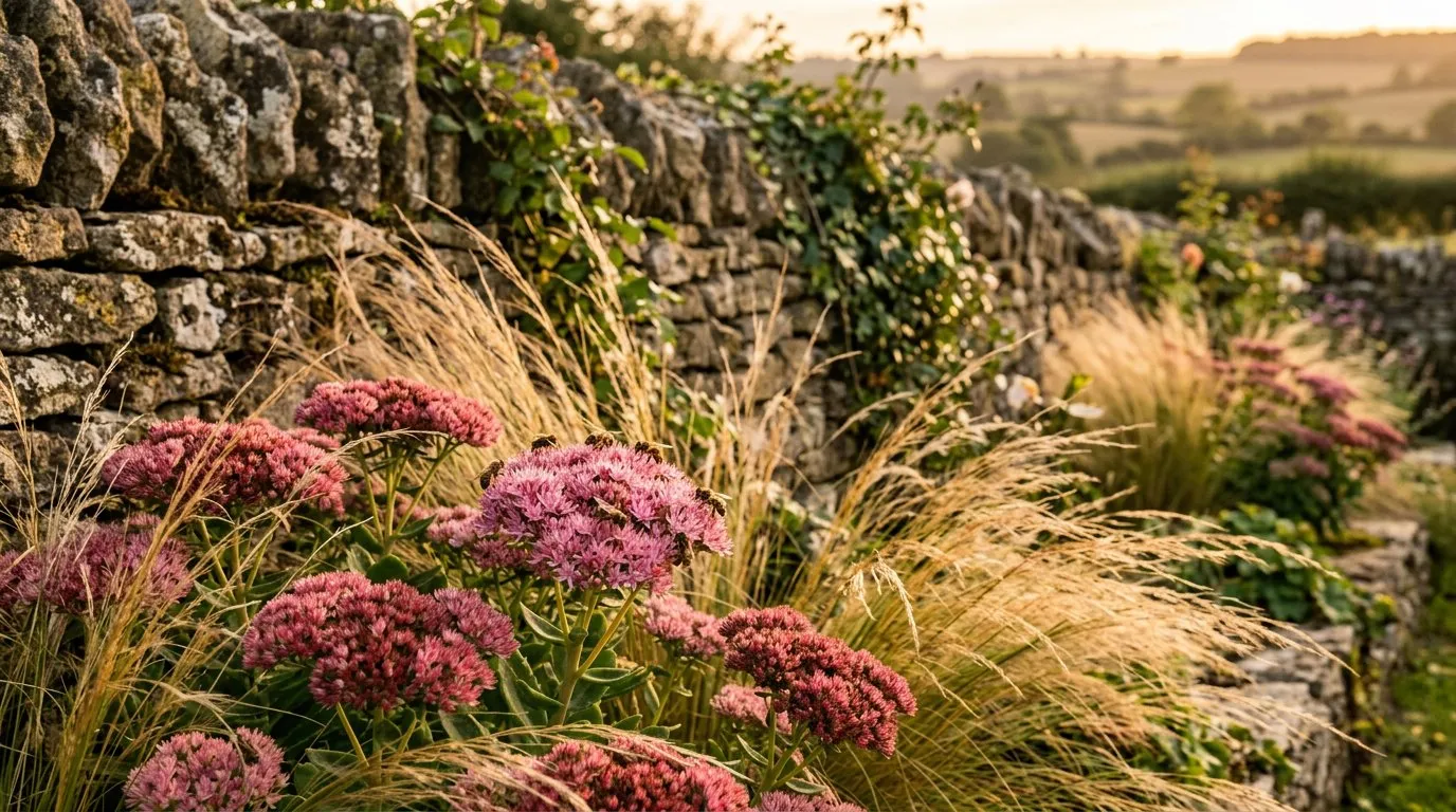 Drought tolerant sedum spectabile and ornamental grasses in a dry stone wall garden in late summer
