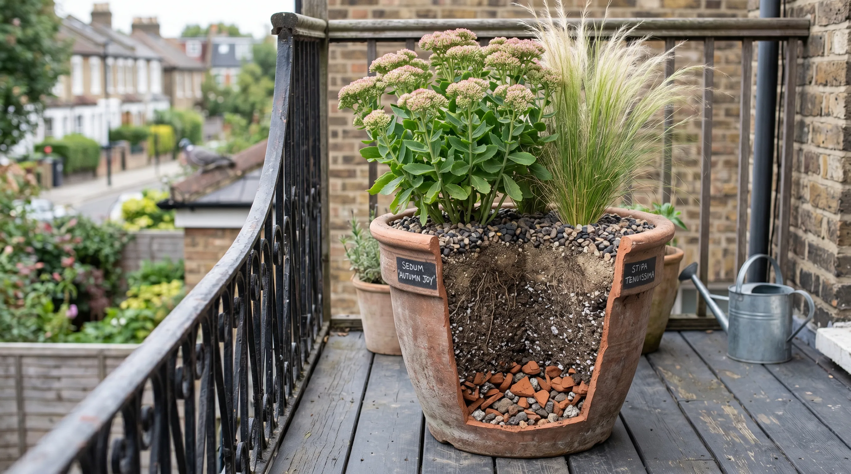 A large balcony pot shown in cross-section with crocks and gravel drainage at the base, gritty compost in the middle and a gravel mulch on top