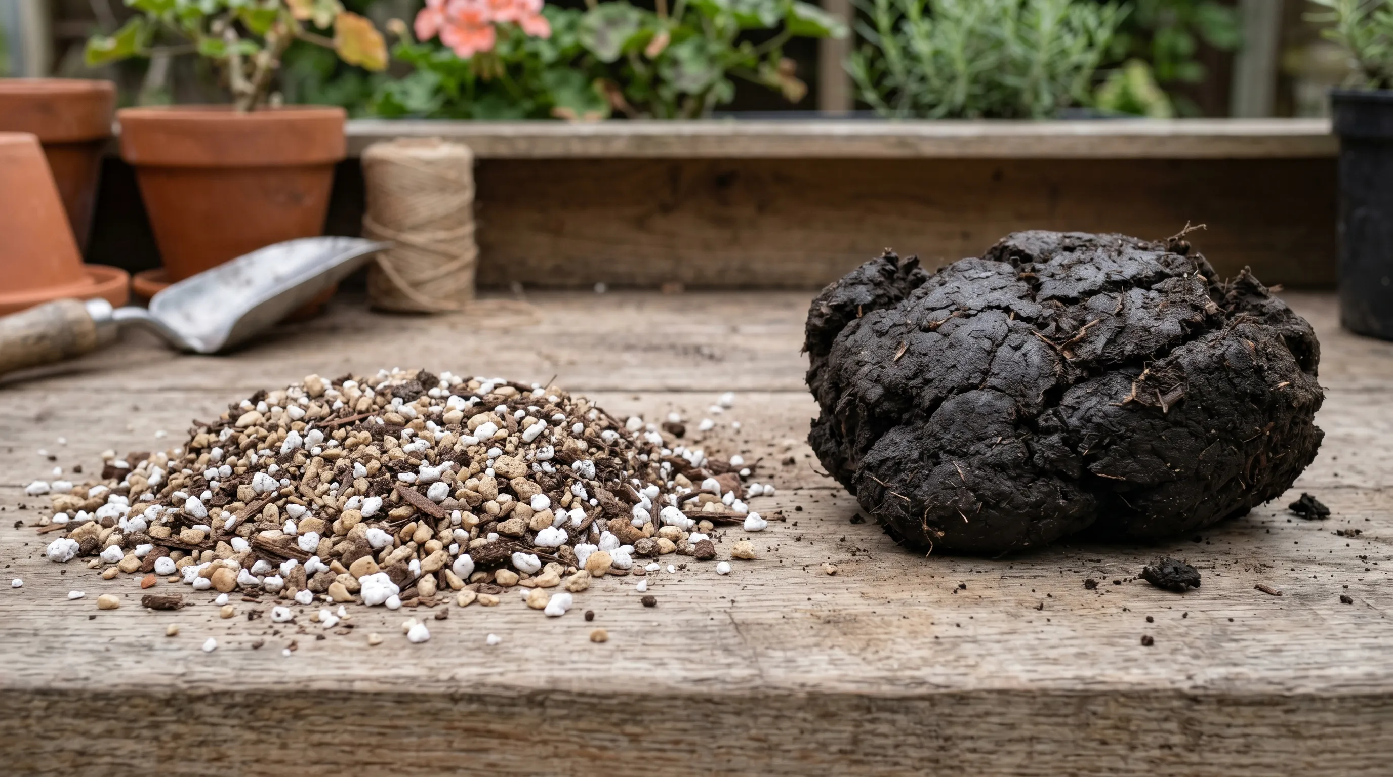 A free-draining gritty compost mix on the left next to a clump of hard claggy peat compost on the right on a potting bench