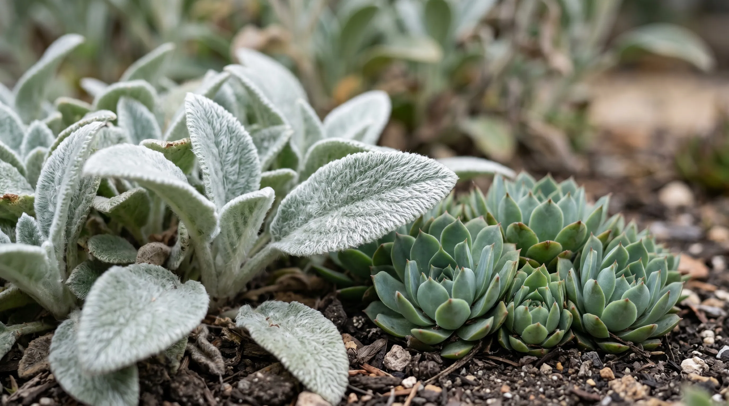 Close-up of silver hairy Stachys lamb's ears leaves beside fleshy blue-green Sempervivum rosettes showing drought-adapted foliage