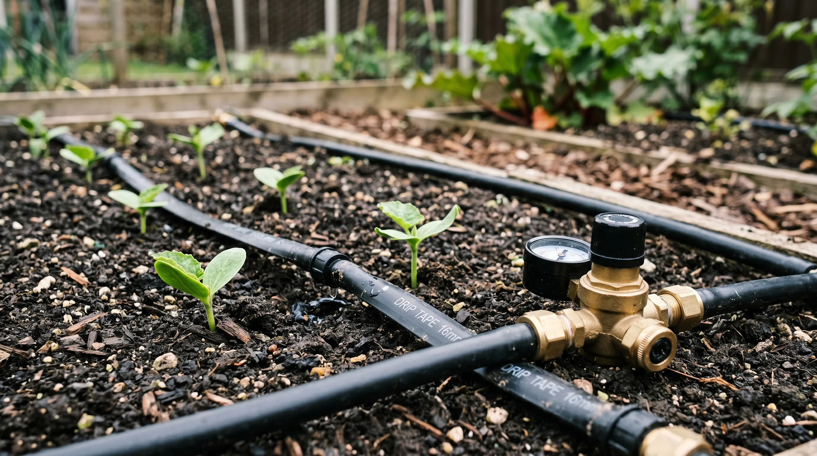Black drip irrigation tape with brass connector along a vegetable bed with courgette seedlings