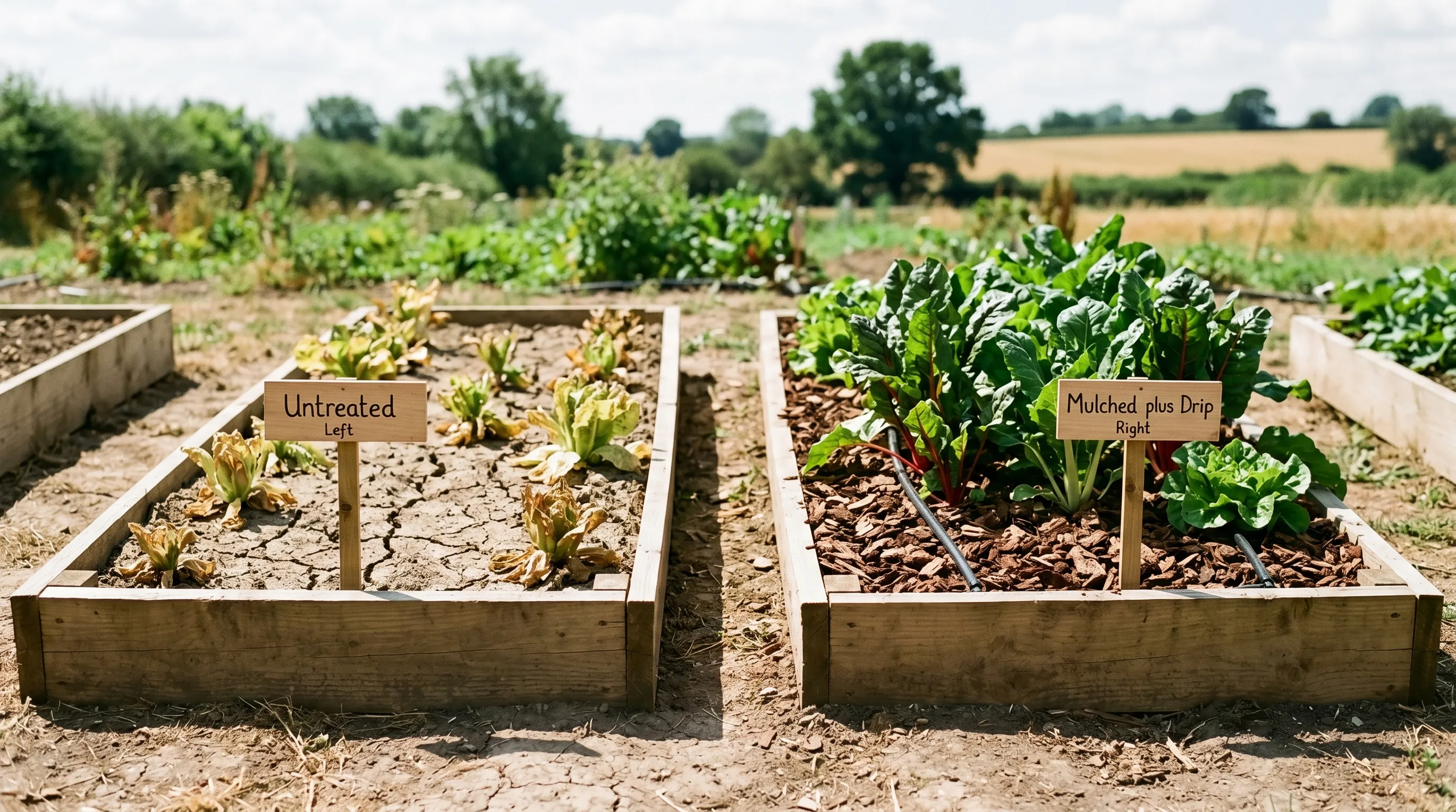 Two raised beds side by side untreated bare wilted lettuce on left versus mulched chard on right Staffordshire heatwave