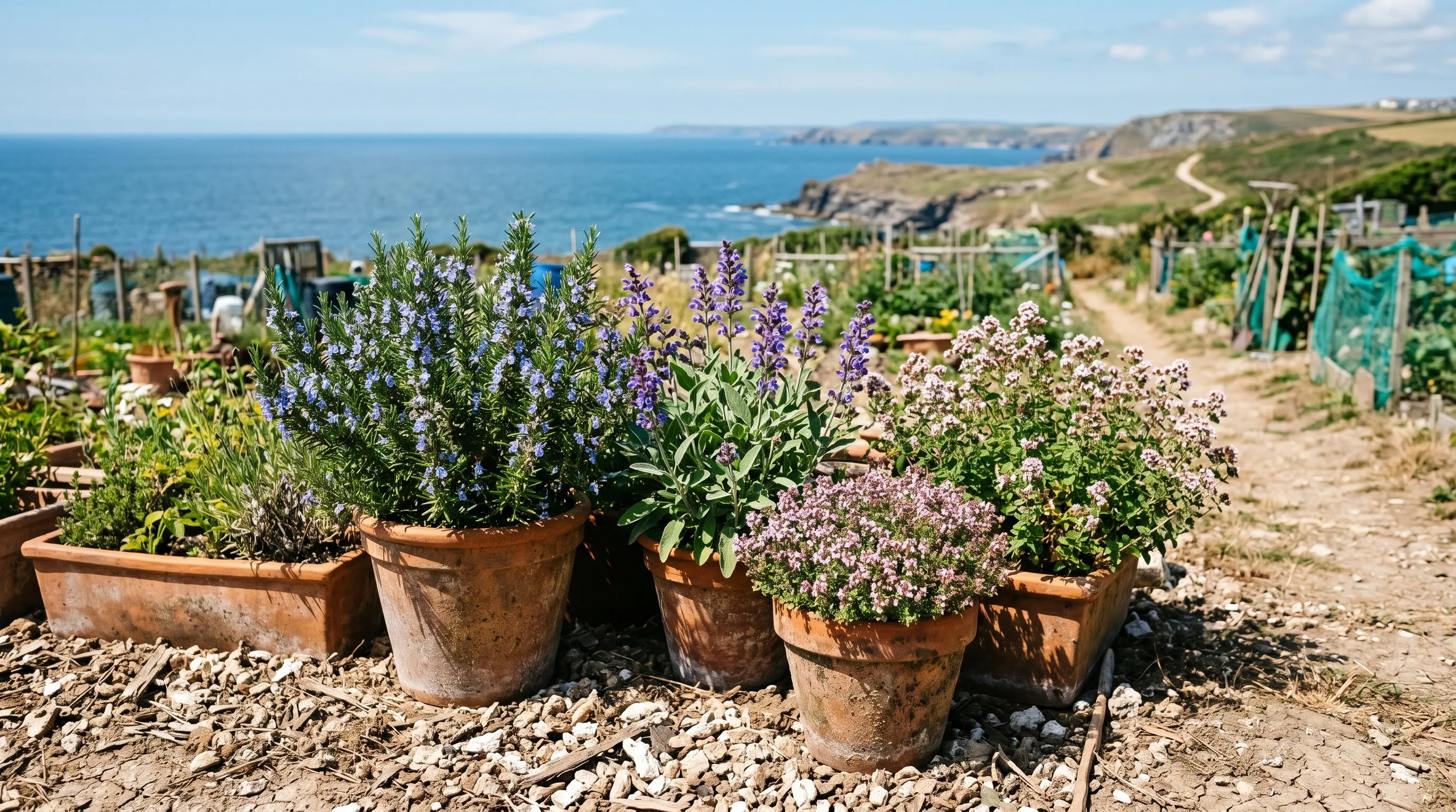 Drought tolerant Mediterranean herbs and vegetables in terracotta containers at a UK seaside allotment in summer