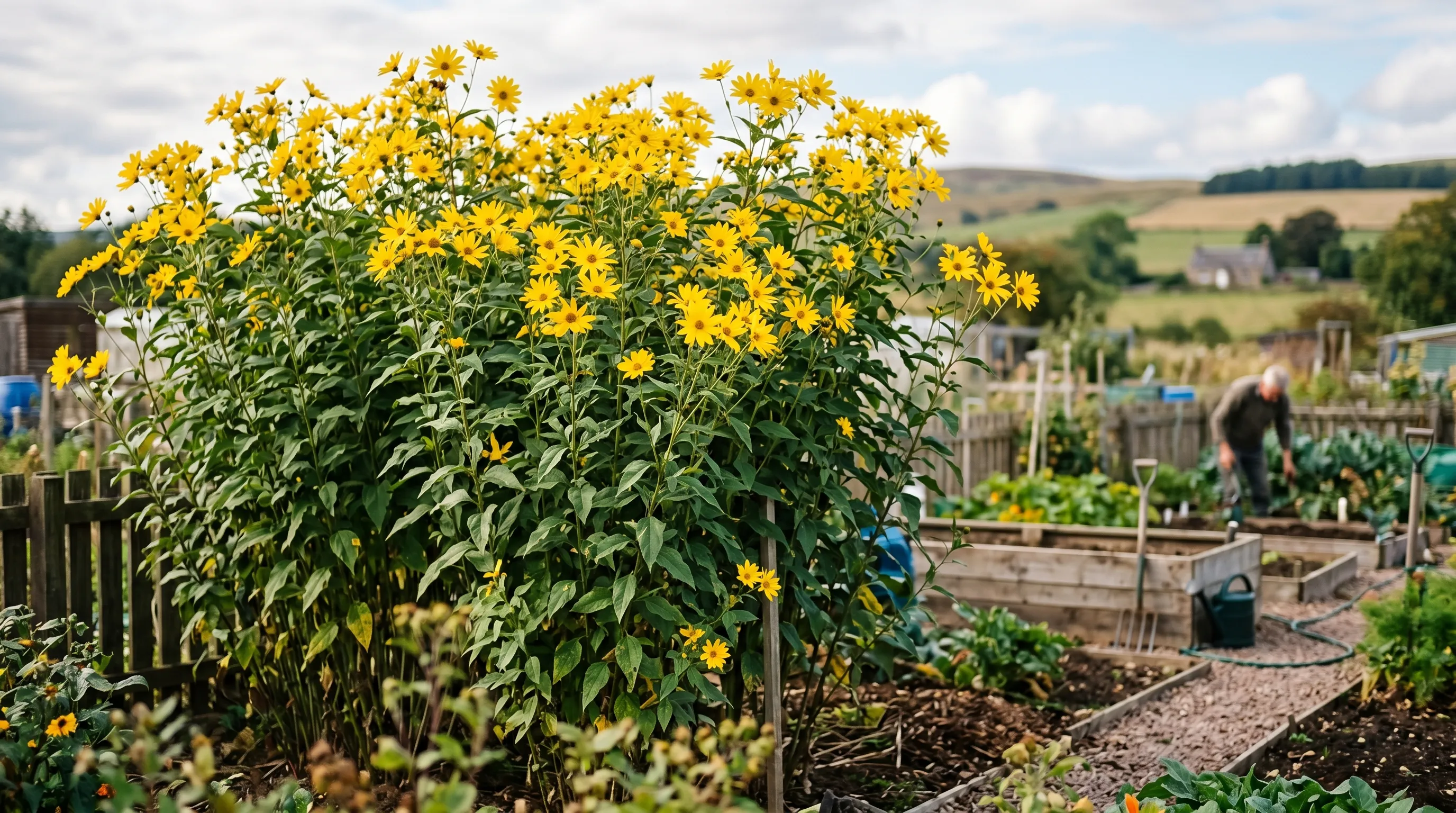 Tall stand of Jerusalem artichoke with yellow flowers at a Scottish lowland allotment late September