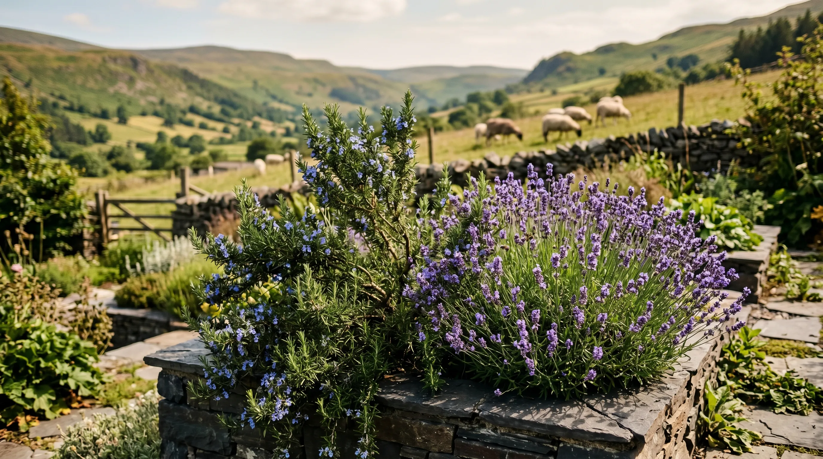 Mature rosemary and English lavender flowering in a slate raised bed Welsh valley garden