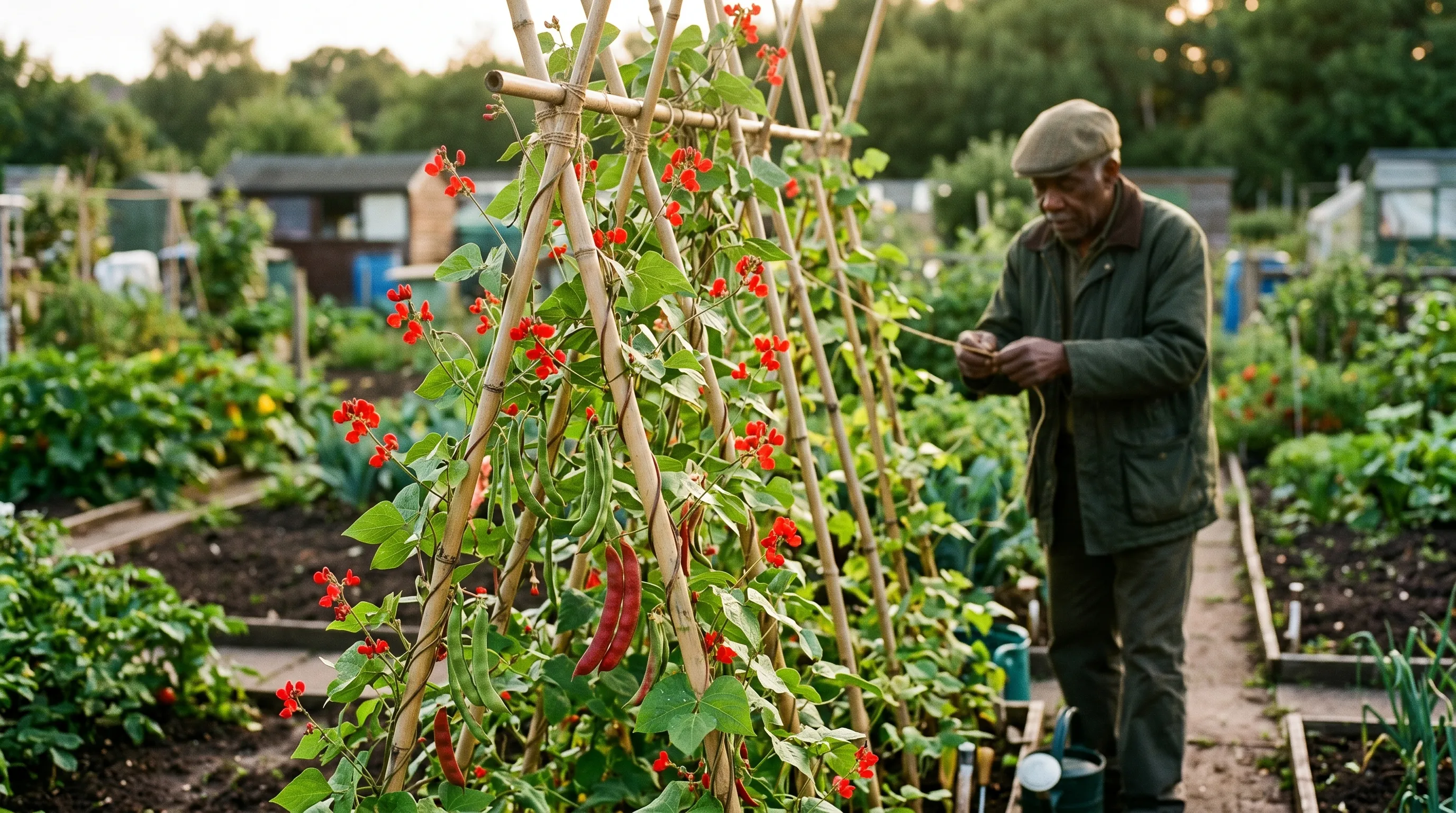 Scarlet runner beans climbing bamboo wigwam tepee in full flower at Sheffield allotment summer evening
