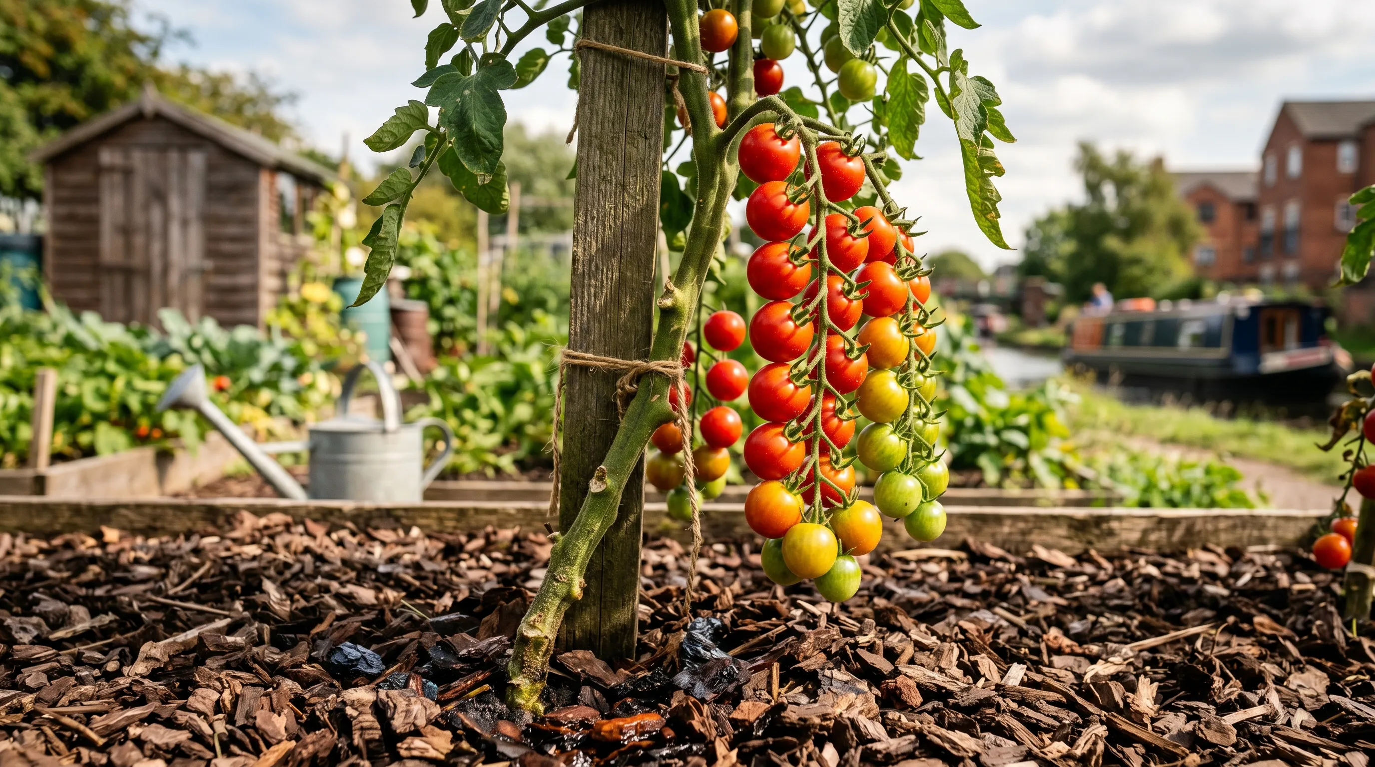 Heavy truss of Gardeners Delight tomatoes with thick bark chip mulch around the stem base canalside Manchester