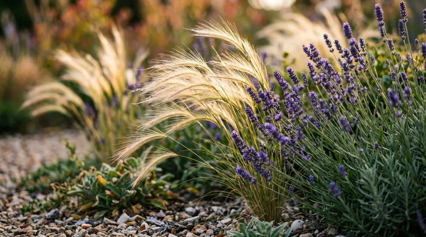 Dry garden border with stipa grasses and lavender in a UK garden