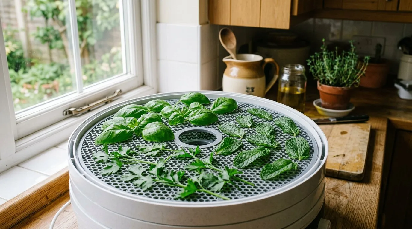 Herb drying on a food dehydrator tray with fresh basil, parsley, and mint leaves