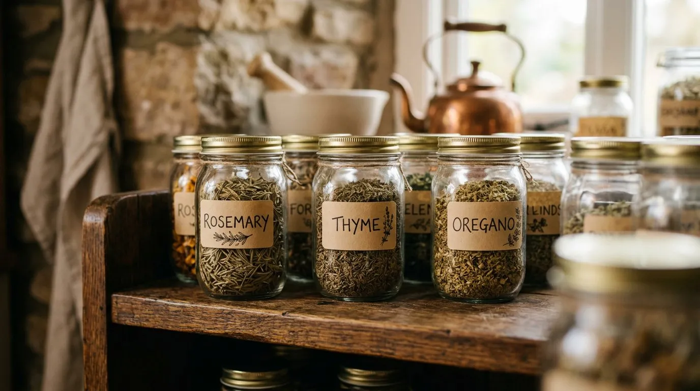 Dried herb storage in labelled glass jars on a wooden kitchen shelf