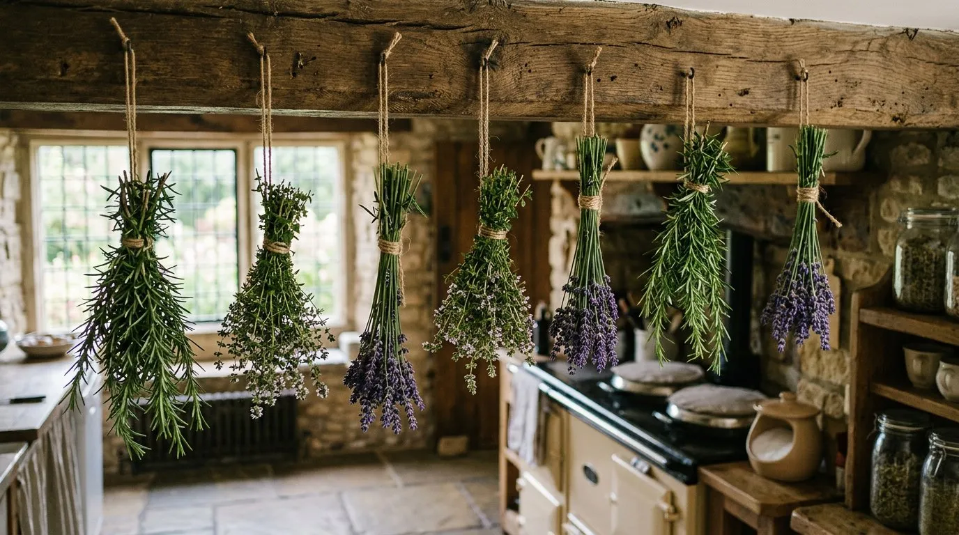 Herb drying bundles of rosemary, thyme, and lavender hanging from a UK kitchen beam