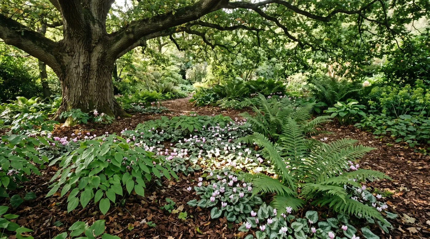 Dry shade garden with ferns and epimedium beneath mature trees