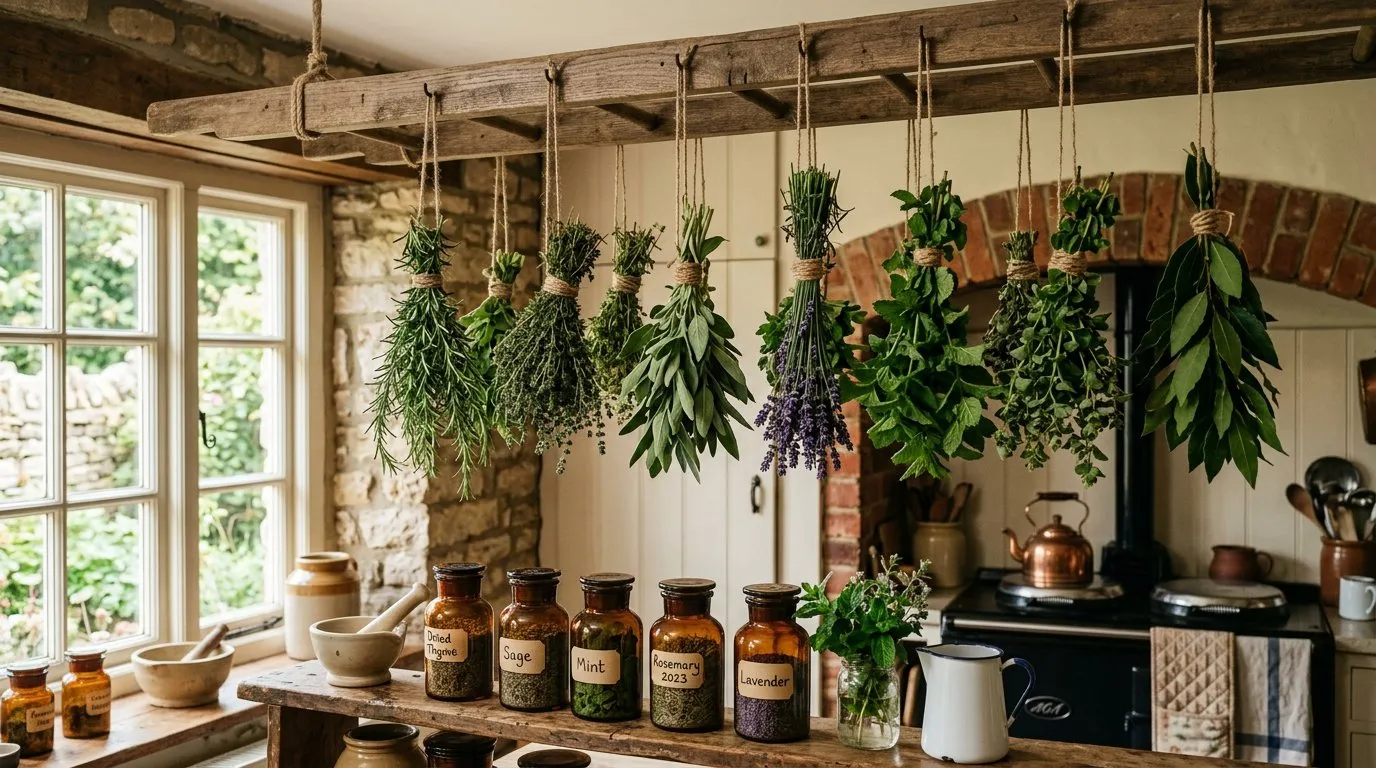 Freshly harvested herbs hanging upside down to dry in a rustic UK kitchen with glass jars of dried herbs
