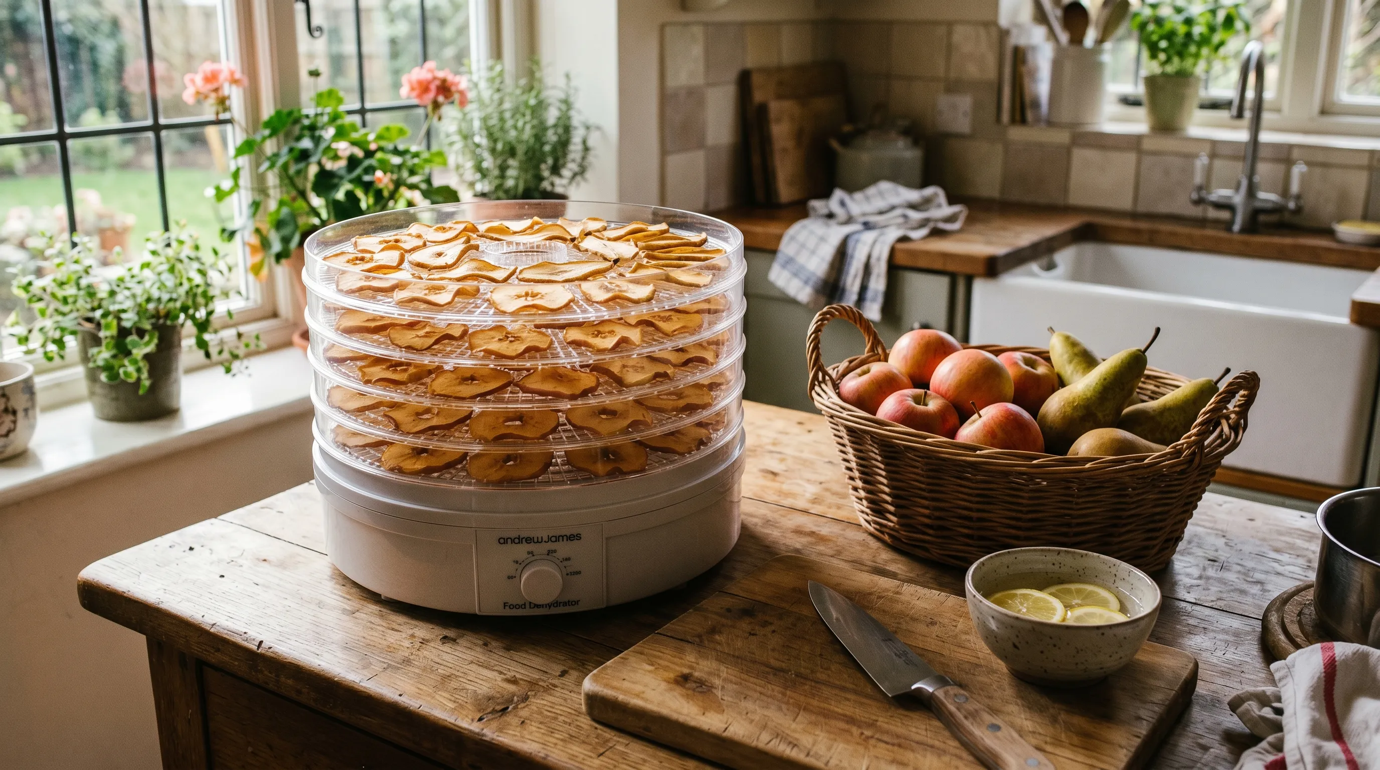 Electric food dehydrator on a UK kitchen worktop loaded with leathery rings of Cox apple and tongue-shaped Conference pear slices, a basket of fresh apples beside it