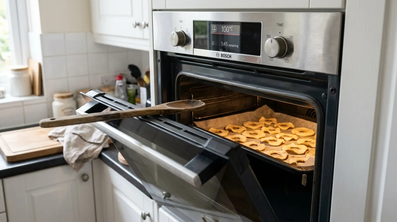 UK domestic oven with door cracked open about 25mm and a wooden spoon propping it ajar, baking tray inside with parchment and apple rings drying