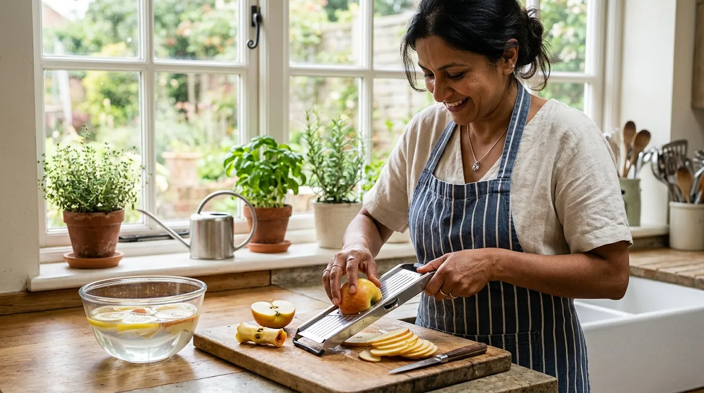 Indian-British woman in her forties coring and slicing a Cox apple on a wooden board with a mandolin, fresh apple slices in a bowl of lemon water beside her