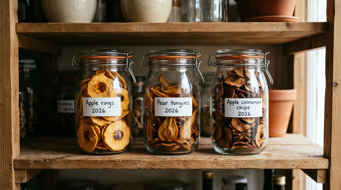 Three glass storage jars on a UK pantry shelf labelled in handwriting with apple rings, pear tongues and apple cinnamon chips dated 2026